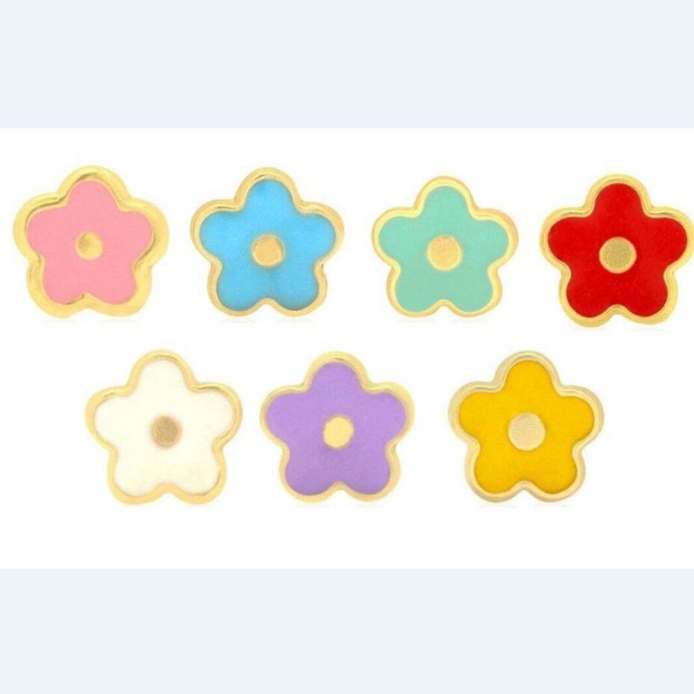 Solid 14k Yellow Gold Enamel Flower Screw Back Girls Stud Earrings